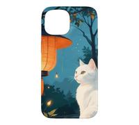 Chat Blanc dans Un Jardin Japonais avec Lampes Minuit Coque pour iPhone 15