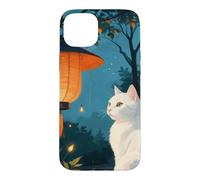 Chat Blanc dans Un Jardin Japonais avec Lampes Minuit Coque pour iPhone 15 Plus