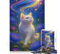 Chat Blanc dans Un Paysage Floral onirique Puzzle de 1000 pièces pour Adultes Exercice Mental, Divertissement Calme Cadeau de Noël idéal (38x52cm)