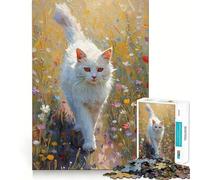 Chat Blanc dans Une Prairie Fleurie Puzzle de 1000 pièces Jeu de réflexion Découpe Experte Artisanat Fascinant pour Les Moments de détente (38x52cm)