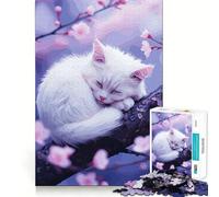 Chat Blanc endormi sur Une Branche de Cerisier Puzzle de 1000 pièces pour Adultes Jeu de réflexion Décoration Murale apaisante et relaxante 38x52cm