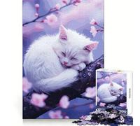 Chat Blanc endormi sur Une Branche de Cerisier Puzzle de 1000 pièces pour Adultes Jeu de réflexion Décoration Murale apaisante et relaxante 38x52cm