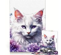 Chat Blanc entouré de Fleurs Violettes Puzzle de 1000 pièces Pensée Claire Distraction Douce Bords précis Cadeau Symbolique (38x52cm)