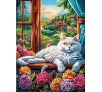 Chat blanc faisant la sieste sur un rebord de fenêtre 1000 Pieces Casse-tête Famille En Carton Épais Sans Déformation Rêve magique de science-fiction Difficulté Moyenne Jeu De Société Cadeau Noël Haut