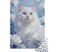 Chat Blanc Fleurs 1000 Pièces Carton Chat Puzzle pour Adultes Résistant Aux Rayures Moment De Calme Cadeau pour Famille Écologique 38x26cm/1000pcs