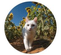 Chat Blanc Marchant sur Un Chemin dans Un Champ de tournesols Cadeau Unique Décoration Intérieure Jeu Éducatif Challenge Toy Adultes & Enfants des 14 Ans 1000pcs (67.5x67.5cm)
