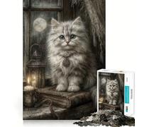 Chat Blanc Mystique à la Pleine Lune Puzzle Adulte 1000 pièces Jeu de réflexion et de Relaxation Design élégant Cadeau Charmant (50x75cm)