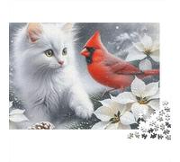 Chat Blanc Oiseau Rouge Puzzle 1000 Pièces Papier pour Adultes Relaxation Concentration Décoration Familiale Cadeau 52x38cm/1000pcs