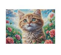 Chat Blanc Orange Mignon mer de Fleurs 300 Pieces Casse tête pour Ado en Carton Épais Rigide Animal Animal de Compagnie Poupée Facile Débutant Jeu De Société Soirée Entre Amis Cadeau Anniversa