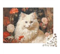 Chat Blanc poussé avec des Fleurs Puzzle 1000 Pièces Éducatif, Pet Défi Intellectuel, Cadeau Et Décoration Murale 38x26cm/1000pcs