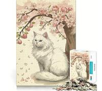 Chat Blanc sous Un Cerisier en Fleurs Puzzle de 1000 pièces pour Adolescents Jeu de mémoire Amusant Emboîtement précis sans espaces Activité Amusante en Famille Le Soir (38x52cm)