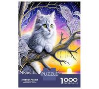 Chat Blanc sur Branche au Soleil couchant 1000 Pièces Coffret Beauté féline sereine Puzzle Premium Carton Dur - DIY Familial Trop Amusant, Belle Déco, Cadeau D’Anniversaire pour Adultes & 38x26cm