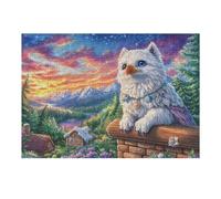 Chat blanc sur le rebord de la fenêtre 300 Pièces Puzzle Adolescent En Carton Rigide Kitten Cabin Sunset Difficulté Moyenne Activité Éducative Voyage Déplacement Cadeau Anniversaire Petit Prix 300 PCS
