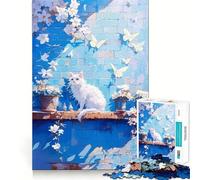 Chat Blanc sur Mur Bleu Puzzle de 1000 pièces Jeu de réflexion Découpe de Haute précision Défi Amusant pour Passer Le Temps (50x75cm)