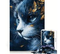 Chat Bleu aux Feuilles dorées Puzzle de 1000 pièces pour Adolescents Assemblage Solide Cadeau Unique Pensée Claire et détente (38x26cm)