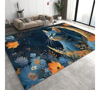 Chat Bleu Lune Tapis 60 x 110 cm Bohême Fleurs Poil Court Tapis Cuisine de Sol Antidérapant Rug pour Cuisine Couloir Q-162