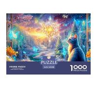Chat Bleu par fenêtre, Nuit enneigée avec étoile Lumineuse Puzzle De 1000 Pièces Pet Chat Mignon Jeu Classique pour Enfants Et Adultes, Recyclé 52x38cm/1000pcs
