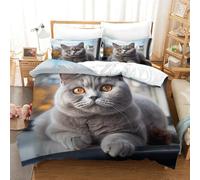 Chat britannique à poil court Qualité Supérieure Parure 3 Pièces De Lit De Luxe Avec 3D Imprimée Chat Bleu Housse De Couette Imprimée Sauvages À Microfibre Fermeture Éclair Enfants Adultes 140x200cm