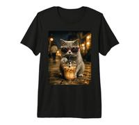 Chat Britannique à Poil Court Qui boit du café glacé T-Shirt Haut de Gamme