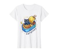 Chat caché dans Une boîte de Sardine - Boîte à Poisson Vintage Amusante T-Shirt Graphique avec Valeur, Femme, Blanc, M