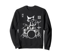 Chat calligraphique Vintage Batteur Japonais Art Musicien Sweatshirt