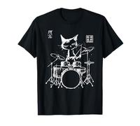 Chat calligraphique Vintage Batteur Japonais Art Musicien T-Shirt