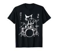 Chat calligraphique Vintage Batteur Japonais Art Musicien T-Shirt