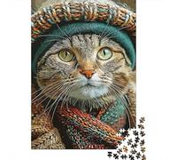 Chat Chapeau Écharpe 1000 Pièces Mini Puzzle pour Adultes Décor Maison | 70x50cm Carton Amateurs De Puzzles Détente Jeu De Puzzle Cadeau D'anniversaire Décoration De Chambre