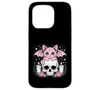Chat Chauve-souris mignonne Kawaii Pastel Goth Esthétique Squelette effrayant Coque pour iPhone 15 Pro