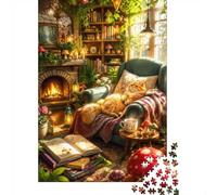 Chat Cheminée Livres 1000 Pièces Mini Puzzle pour Adolescents Présent | 52x38cm Papier Décor De La Chambre Découpe Précise Soulagement De L'anxiété