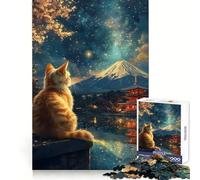 Chat contemplant Le Mont Fuji et Une pagode au Japon Puzzle Van Gogh pour Adolescents 1000 pièces Stimule la mémoire et favorise la Pleine Conscience Découpe précise Cadeau mémorable (38x26cm)