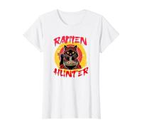 Chat Cool Mangeant des Ramen Dessin animé Ramen Hunter Noodle Lover T-Shirt Graphique avec Valeur, Femme, Blanc, XS