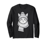 Chat d’Hiver avec Bonnet et écharpe tissée illustré Manche Longue