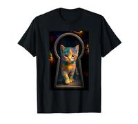 Chat dans l'espace regardant à travers un trou de serrure mignon coloré T-Shirt