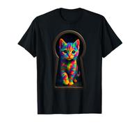 Chat dans l'espace regardant à travers un trou de serrure mignon coloré T-Shirt