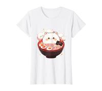 Chat dans Un Bol Ramen Mignon Japonais Kawaii Amateur de Nourriture T-Shirt Graphique avec Valeur, Femme, Blanc, XS