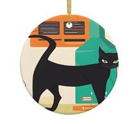 Chat d'art moderne du milieu du siècle - Impression personnalisée de Noël en céramique - Ficelle dorée - Rond imprimé - Vacances suspendues pour décoration de fête de mariage d'arbre