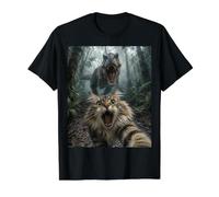 Chat de la forêt norvégienne drôle T-Rex Dinosaure Chase Selfie T-Shirt Graphique avec Valeur, Homme, Noir, M