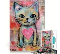 Chat de la Saint-Valentin au cœur Tendre Puzzle Technique Mixte 1000 pièces Jeu de Concentration mentale Découpe de précision Bords Lisses Jeu de Construction de Liens significatifs (50x75cm)