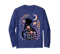 Chat de Minuit et Croissant - Scène de Jardin Lunaire enchanté Manche Longue