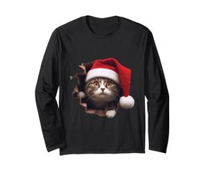Chat De Noël - Bonnet Rouge et Regard Curieux Manche Longue