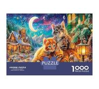 Chat de Noël Carton Robuste Puzzle Classique 1000 Pièce la Lune Villes pour Adultes Enfants Difficile Impossible Décompression Idée Cadeau 52x38cm/1000pcs