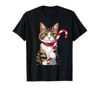 Chat de Noël Mignon Tenant Une Canne en Sucre et Foulard rou T-Shirt