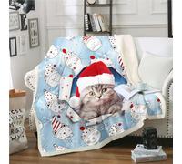 Chat de Noël Plaid Canape Garçon Fille Dessin Animé Chat Ours Polaire Couverture 130x150cm,Mignon Animal de Noël Couverture Canape Hiver Flocon Neige Décor en Peluche Couverture en Sherpa,Bleu Clair