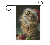 Chat de Noël portant un chapeau de Père Noël, drapeau de jardin, vacances saisonnières, toile de jute double face, drapeaux extérieurs pour maison, cour, 30,5 x 45,7 cm