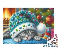 Chat de Noël Sleeping 1000 Pièces Puzzle pour Adultes Carton Résistant Anti-Stress Difficile pour Experts pour Collectionner Livraison Rapide 52x38cm/1000pcs