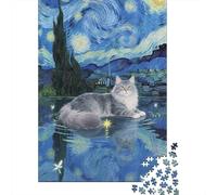 Chat de Nuit étoilée_1 Set Puzzle 1000 Pièces pour Passionnés, Carton Recy coration Intérieure, Art Mural, Cadeau Noël Festif, Défi Cérébral 38x26cm/1000pcs