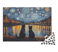 Chat de Nuit étoilées Puzzles 1000 Pièces pour Adultes et Enfants, Deux Chats sous Le Ciel étoilé, Jeu de Création et Logique, Décoration Murale, Cadeau de Voyage
