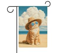 Chat de plage habillé d'un chapeau de soleil en paille tissée drapeau de jardin vacances saisonnières toile de jute double face maison cour drapeaux extérieurs 32 x 47 cm