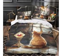 Chat douillet près de la fenêtre 3D Imprimé Drap de couette Microfibre hypoallergénique scène de bibliothèque fantastique Housse de couette 2 taies éclair enfants adolescents Single（140x200cm）